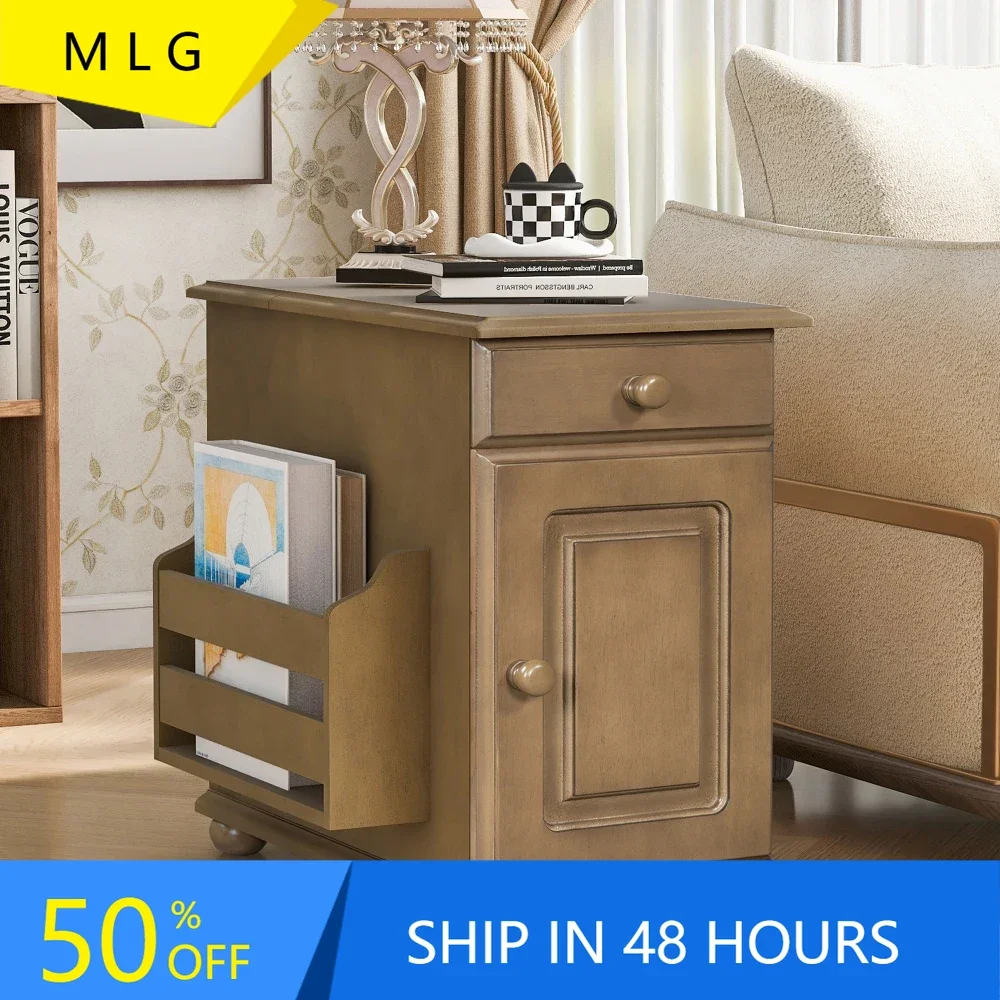 

Vintage End Table Flip Top Side Table with USB Ports, Drawer with cup holders, Sofa Couch Table with Bookshelf for Living room
