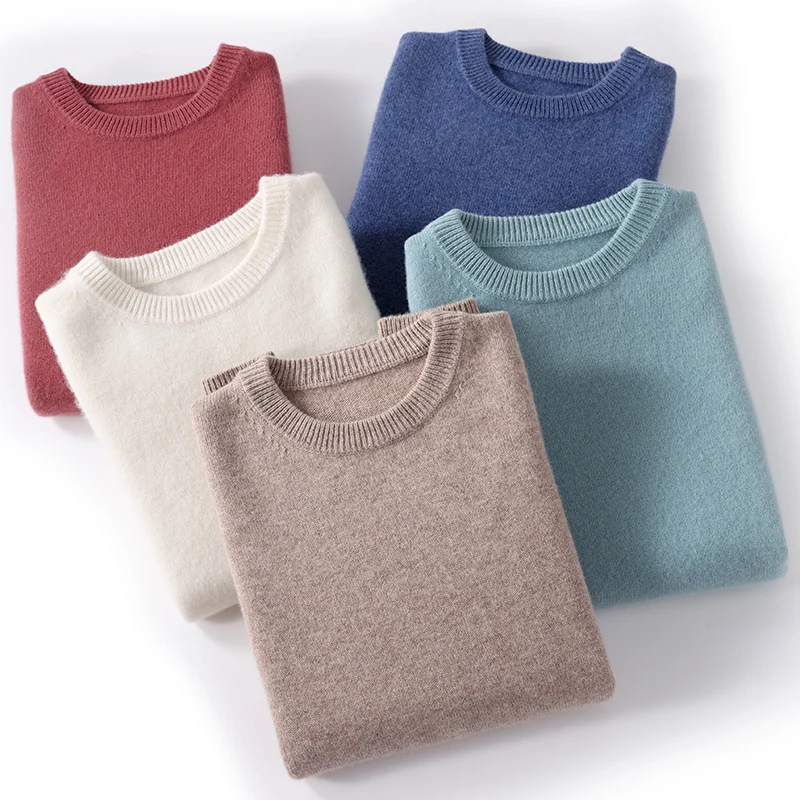 Klassieke Kleur Mannen O-hals Trui Herfst Winter 100% Merino Wol Gebreide Trui Lange Mouwen Thicken Warm Losse Mannen Tops