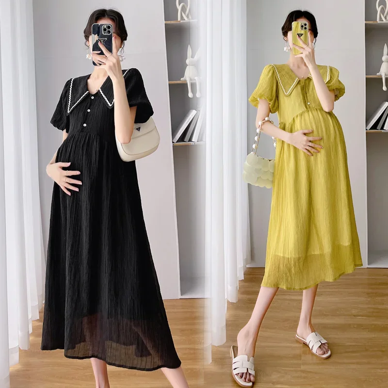 

Korean Style Fashion Loose Pregnant Women Dress Solid Color Puff Sleeve Maternity Chiffon Dress Plus Size Pregnancy Empire Dress