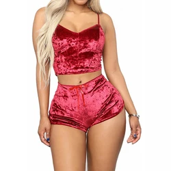 2023 New Fashion Women 2pcs Velvet Sleepwear Sexy Camisole Silky Smooth Shorts Sleeveless Pajama Set Ladies Sleepwear Female