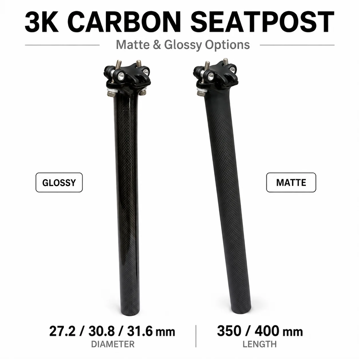 3K Carbonfaser Fahrrad-Sattelstütze 27,2/30,8/31,6mm 350/400mm Leichtgewicht MTB Rennrad Sattelstütze Matt Glänzend – Detail 1