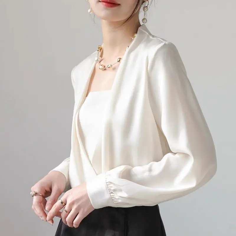 Spring Autumn Solid Color New Blouse Women V-neck Long Sleeve Fashion Satin Face Pullovers Elegant Button Pleated Chic Tops