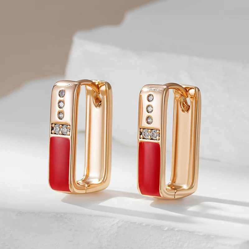 Kinel Hot Fashion Red Enamel Drop Earrings For Women 585 Rose Gold Color With Natural Zircon Accessories Party Daily Jewelry