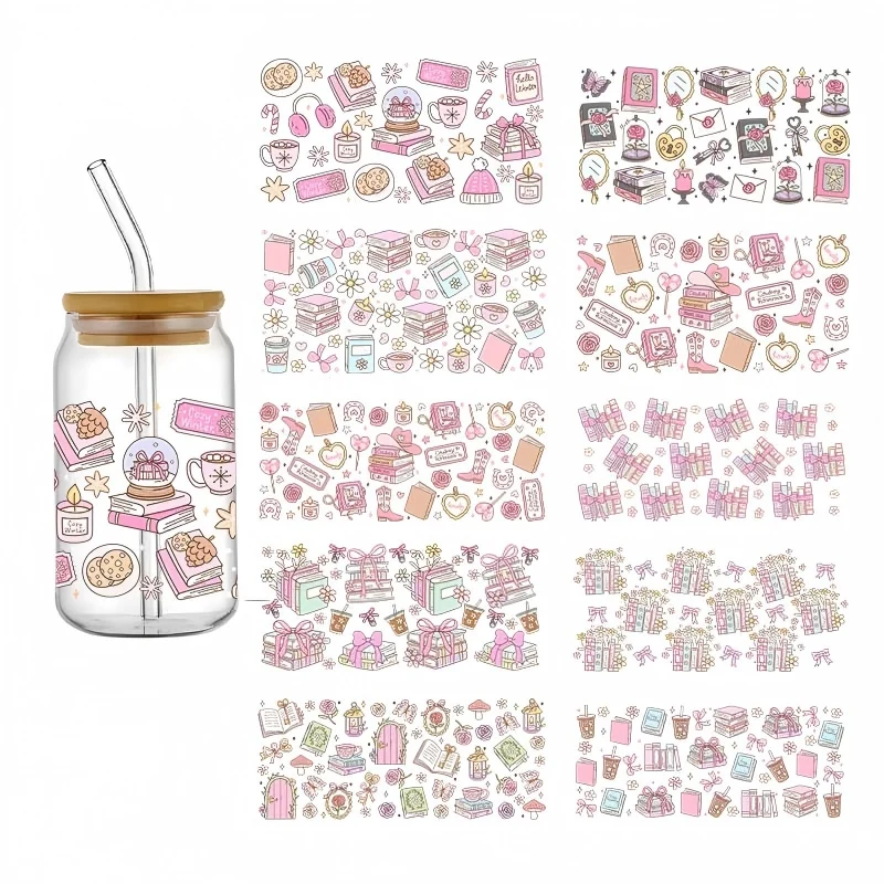 3D New Books Patter UV DTF Transfer Sticker Libbey 16oz Glass Cups Wraps Coffee Mug Decals Xmas Party Home Decorations