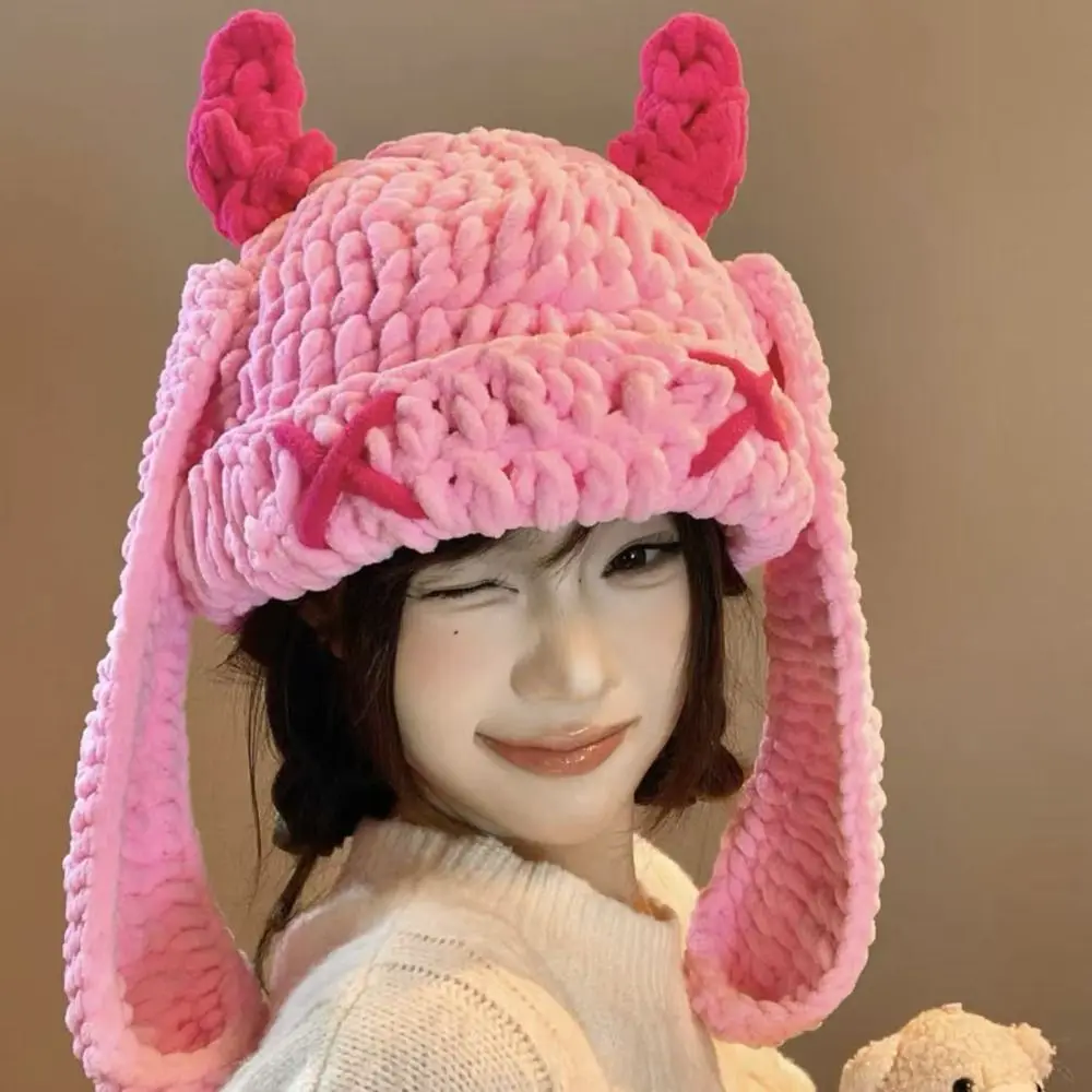 Elastic Knit Women's Warm Knitted Hat Thickened Soft Warm Little Devil Long Ears Cap Protection From Cold Warm Windproof Cap