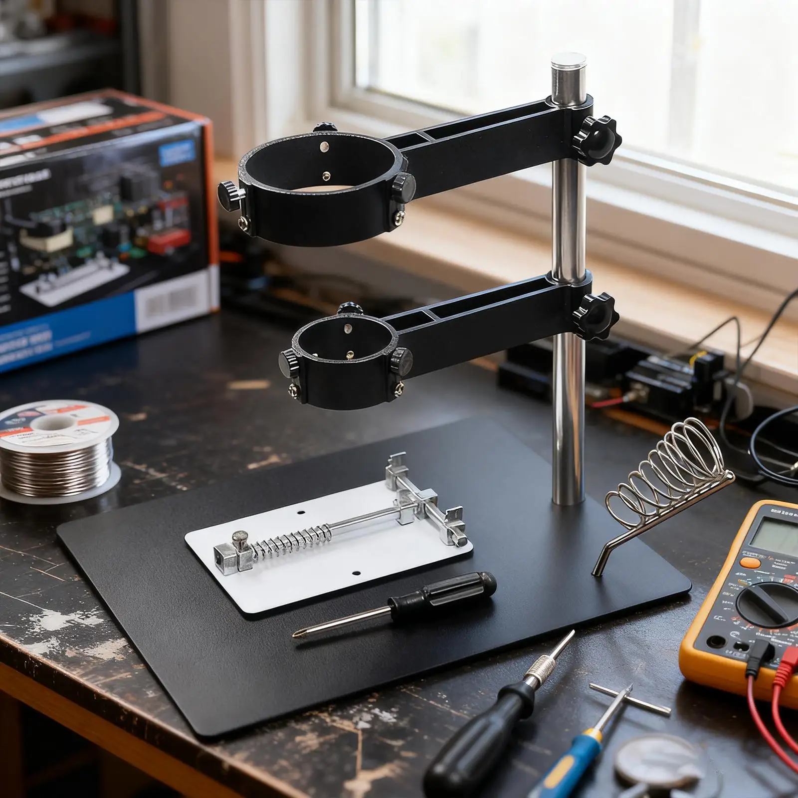 رف دعامة حامل، تركيبات قابلة للطي وقابلة للتعديل، مشبك مع تركيبتين للحام والإصلاح وسطح المكتب