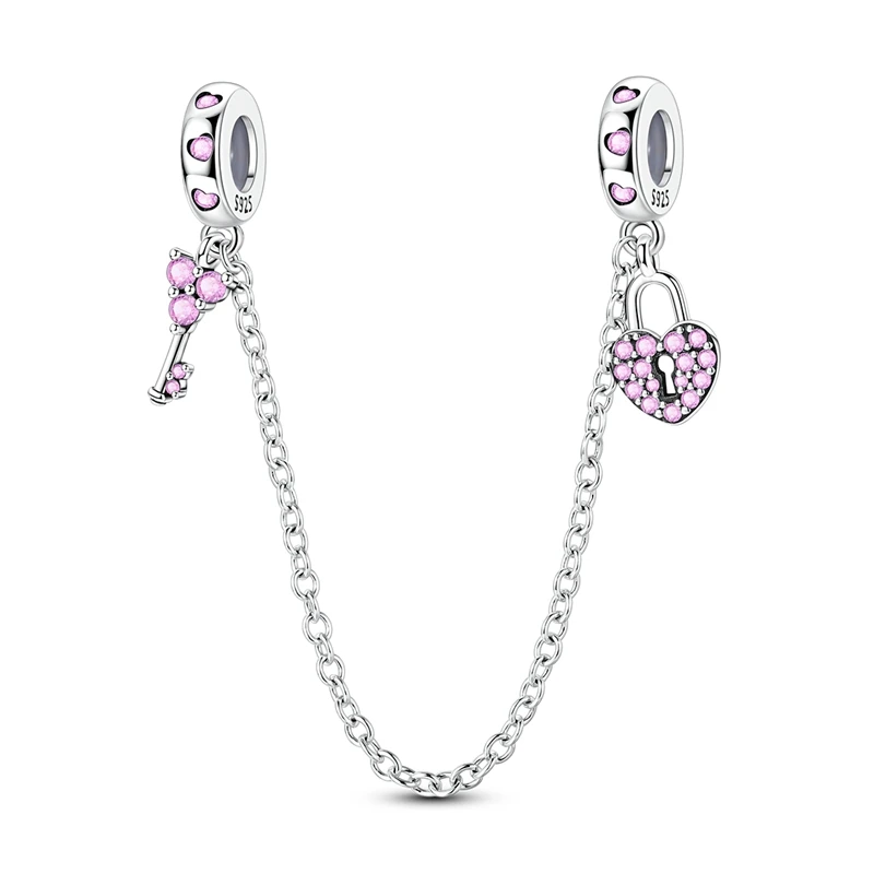 925 Sterling Silver Powder Zircon Heart Lock Security Chain Charms Bead Pendants Fit Original Bracelet DIY Jewelry Women Gift