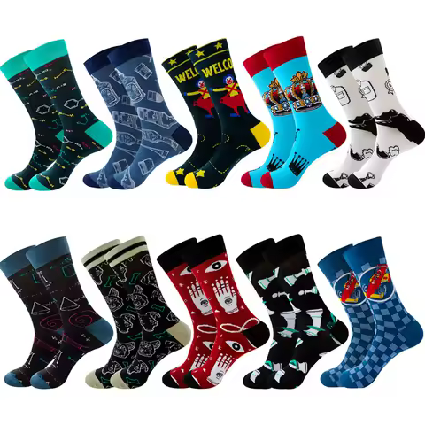 Colorful Men's Socks Harajuku Colorful Happy Funny Symbol International Chess Geometric Formula Cotton Sock Christmas Gift