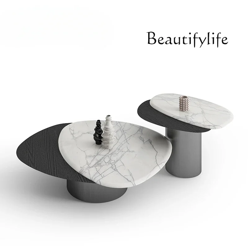 M Italian Minimalist/natural Stone + Solid Wood/modern Minimalist Special-shaped Luxury Stone Marble Coffee Table Side Combinati