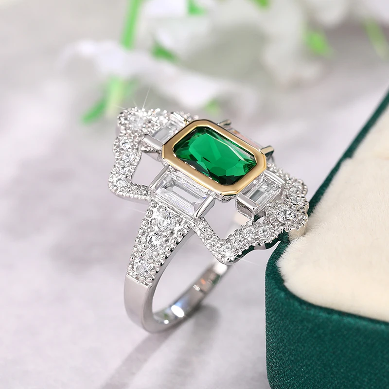 Huitan Vintage Two Tone Green CZ Finger Rings for Women Geometric Shape Hyperbole Rings Anniversary Party Retro Jewelry Dropship