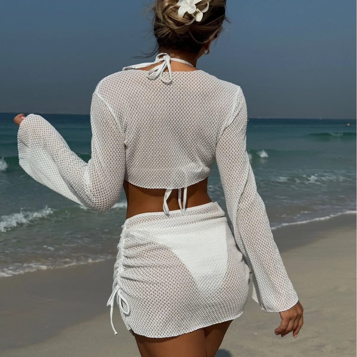 Solid Color Women's Bikini Set Long Sleeve Crop Top Swimsuit with Wrap Skirt Tie Front Halter Neck Design Fashionable S
