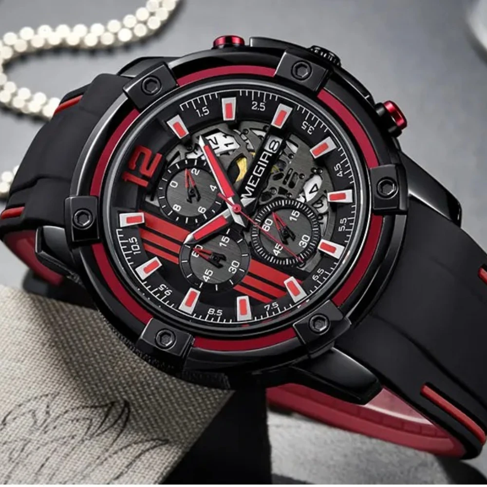 

MEGIR 2027, мужские кварцевые часы с черным силиконовым ремешком, хронограф, спортивные автоматические часы с датой, водонепроницаемые, с ночником, ручные часы для мужчин