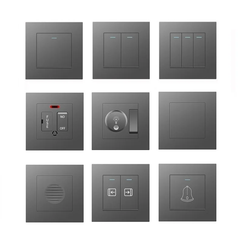 

Grey Plastic Modular Panel UK Hongkong 86Type Electrical Wall Light Switches 1 2 3 4 Gang Fuse Dimmer Fan Water Heater Switch