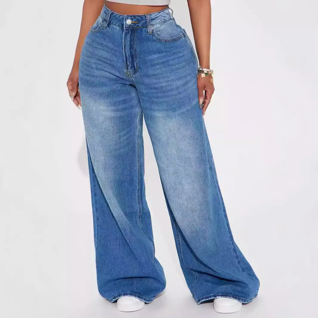 Frauen Vintage gebleicht locker weites Bein gerade Glocken hose hohe Taille in voller Länge Jeans Jeans hose