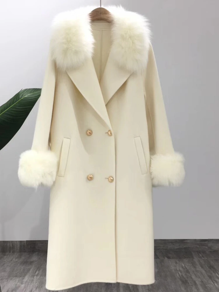 Imagem -02 - Real Cabolsa de Pele de Inverno Mulheres Natural Fox Fur Collar Mistura de lã de Cashmere Longo Outerwear Senhoras Streetwear 2023