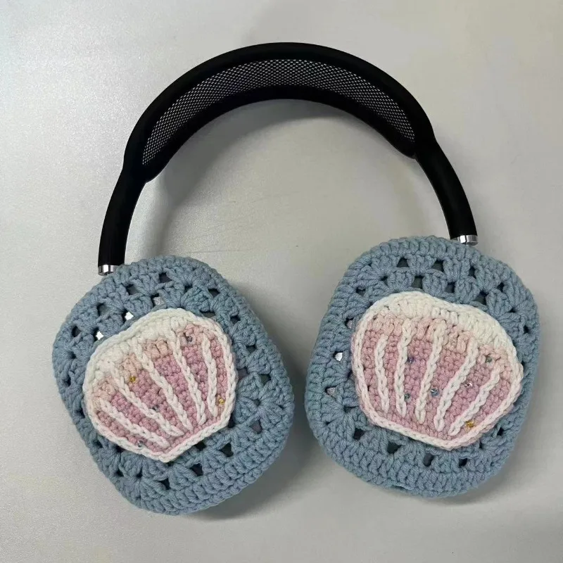 Custom Handmade Crochet Wool Blue Shell Airpods Max Protective Case Y2K Protective Case Cover Decoration Headphones Accessories