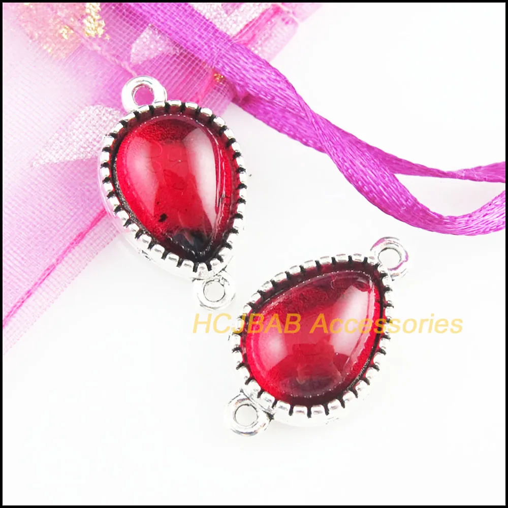 8Pcs Tibetan Silver Tone Flower Teardrop Red Glaze Charms Connectors 13x23mm HCJBAB