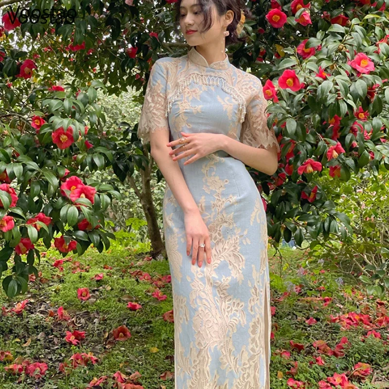 Abito cheongsam vintage con perle di pizzo dolce stile cinese tradizionale donna elegante ricamo floreale abiti Qipao abiti femminili