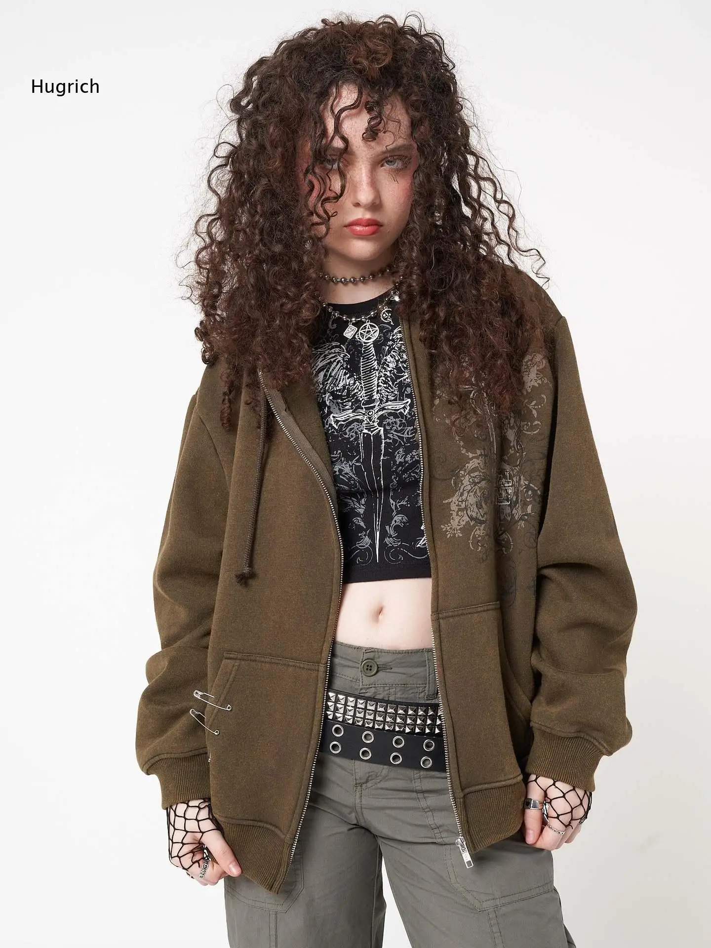 Edgy Olive Green Zip Front Hoodie Women Gothic Floral Key Design Relaxed Fit Breathable Material Office Casual Wear