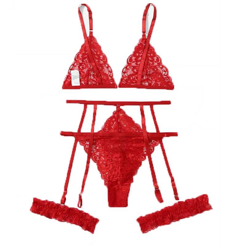 Sexy Lingerie Female Erotic 3 Pcs Red Set Sling Thin Bras Thong & Garter Suit Sexy Women Underwear Hot Intimate Comfort Clothing