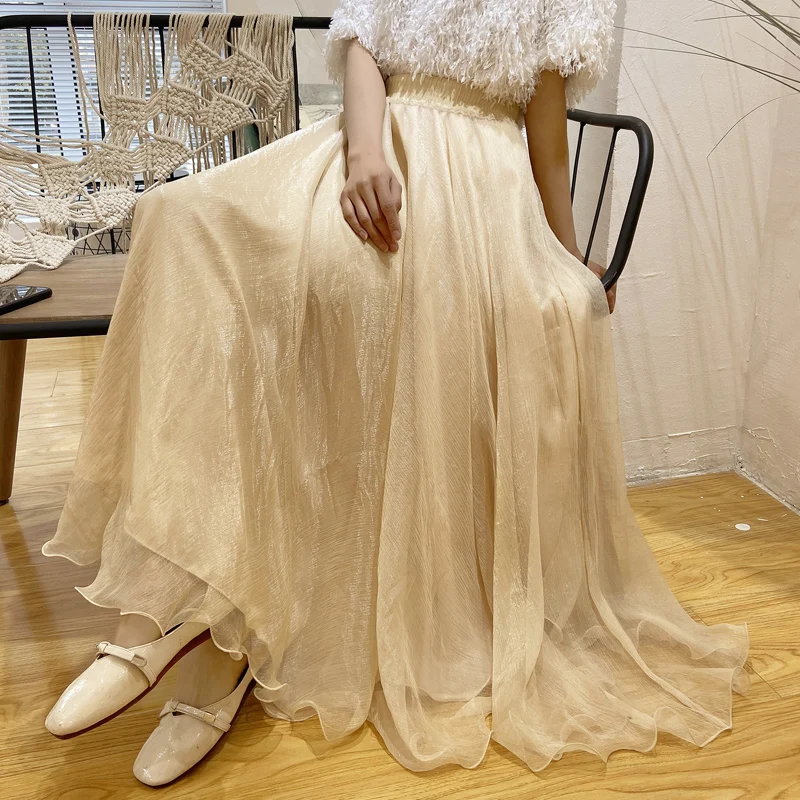 

iny Glitter A-Line Midi Skirt High Waist Chiffon Maxi Skirt Vintage Sle Polyester Fabric Pure Color Skirt for Women