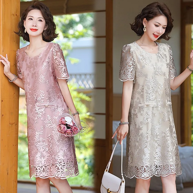 Summer Casual A-line Dress For Women Puff Sleeves Hollow Out Design Mid Length Solid Color Dresses 2024 New Clothing