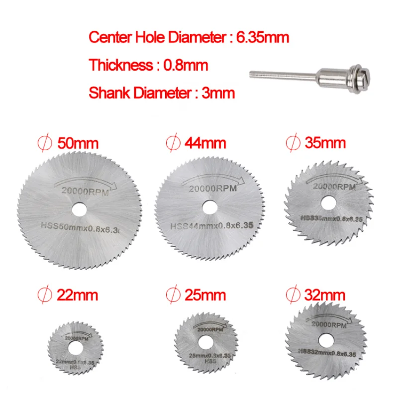 

7Pcs HSS Rotary Tools Circular Saw Blades Cutting Discs Mandrel Cutoff Mini Saw Blade Wood Drills Tools for Dremel Accessories