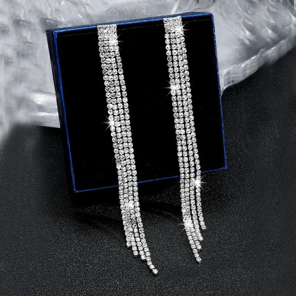 TREAZY Shiny 4 Lines  Rhinestone Crystal Tassel Long Earrings for Women Wedding Party Hanging Dangle Earrings Bridal Brincos