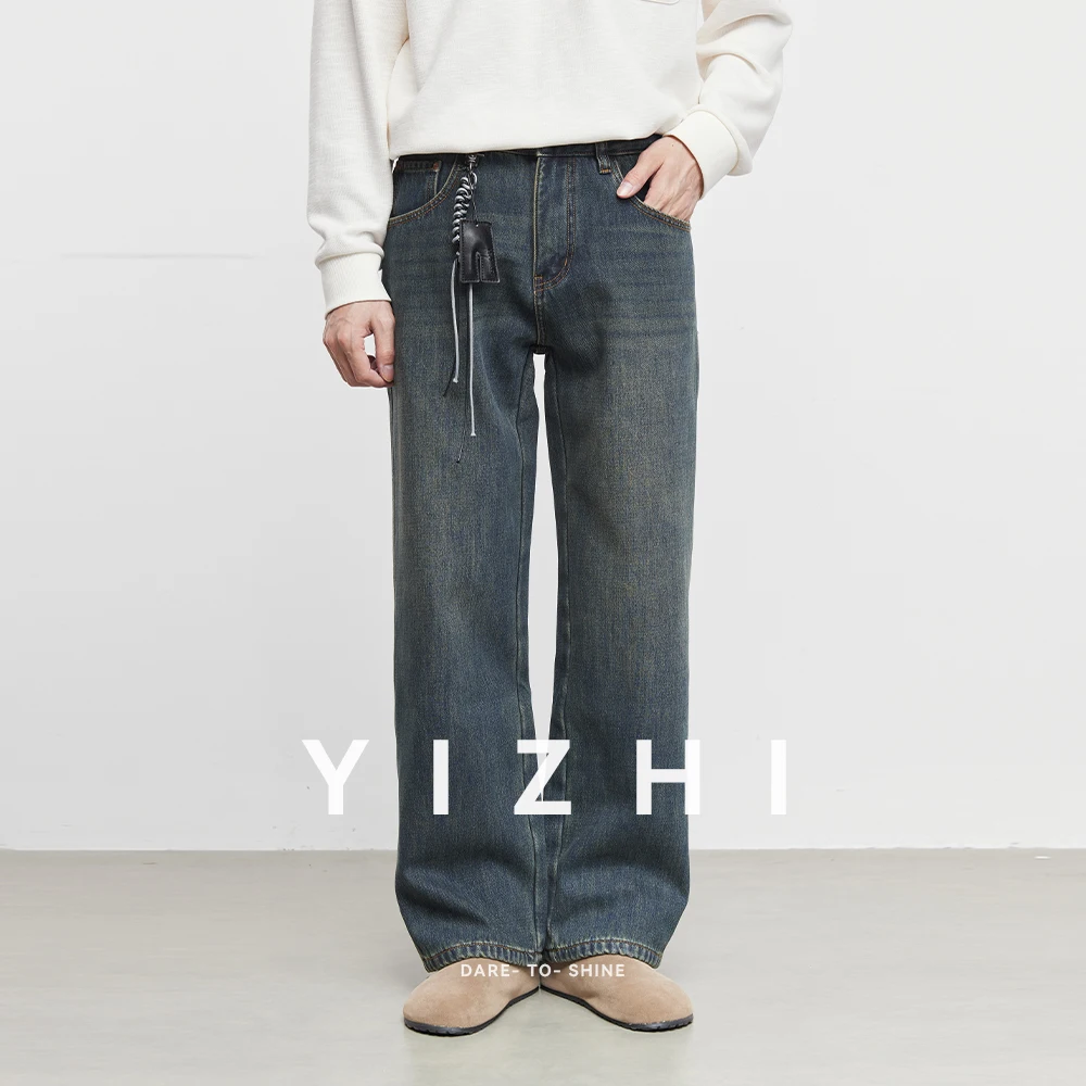 

Модные мужские плюшевые потертые прямые джинсы, новинка зимы 2025 года, свободные повседневные модные широкие брюки с заниженным ощущением, мужские джинсы