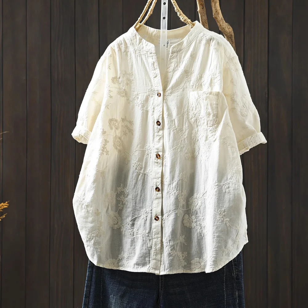 우아한 여성 셔츠 100% 면 V넥 블루 화이트 베이지 블랙 레이스 자수 셔츠 및 블라우스 여성용 반팔 탑