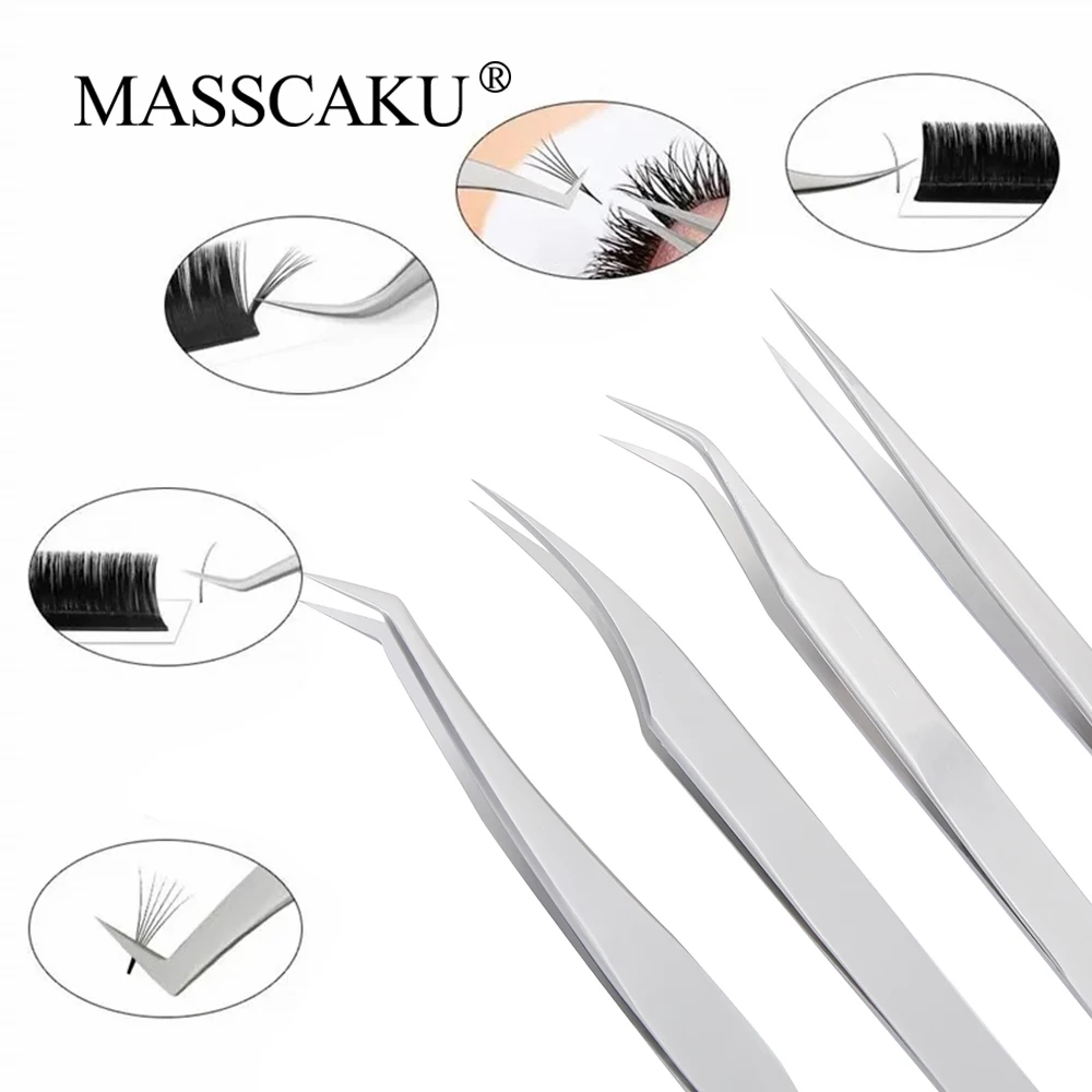 MASSCAKU Makeup Eyelash Tweezers Stainless Steel Non-magnetic Pincet Volume Eyelash Tweezers Set FakeLashes Supplies Accurate