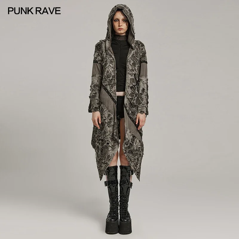 

PUNK RAVE Women's Wasteland Punk Splicing Pure Color Knitted Decayed Coat Loose Long Trench Jaket Design Tops Two Colors