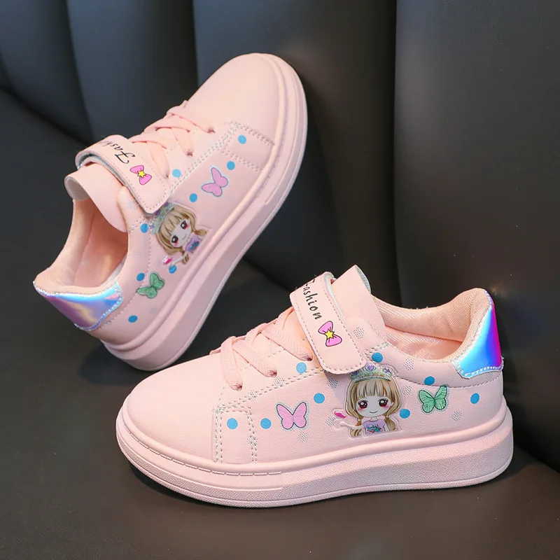 Children White Sneakers Girls Students Flat Casual Sports Shoes Kids Leather Upper Low Top Spring Korean Style Board Shoes