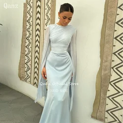 Qanz Elegant Mermaid Evening Dresses O Neck Pleat Long Cape Sleeves Satin Gowns Robe De Soirée Orientale Femmes Customized