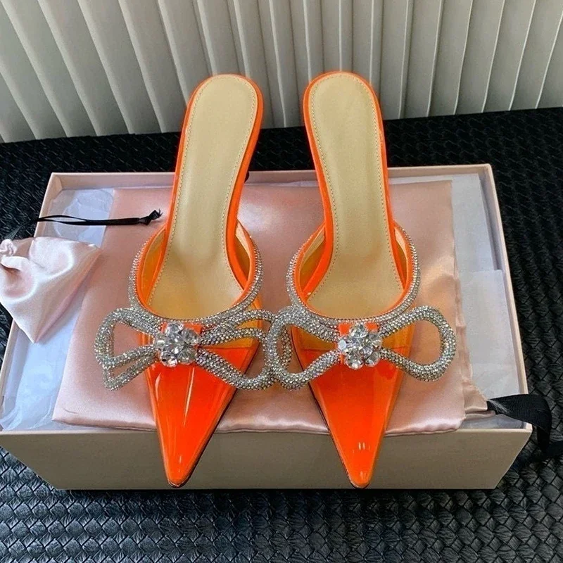 

Transparent PVC Rhinestone Bow-Knot Decor Slippers Women Thin High Heel Pointed Toe Sandals Summer Sexy Banquet Dress Shoes