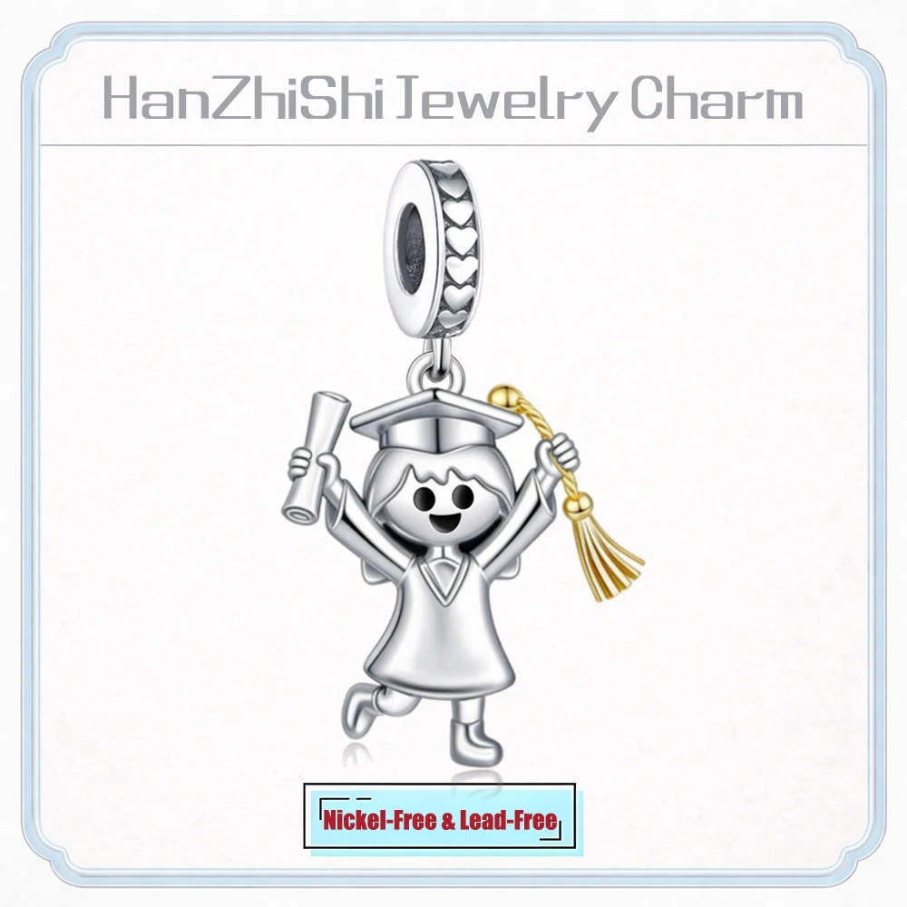  2026 Graduation Charm Beads Cap Diploma Student Pendant fit Pandora  Original Bracelet Necklace Women Gift Silver Plated Copper - view 2