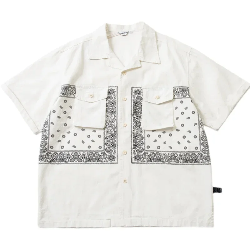 Japanese Cashew Flower Print Short Sleeve Men's Youth Loose Cityboy Summer White Navy Shirt Casual Turn-down Collar