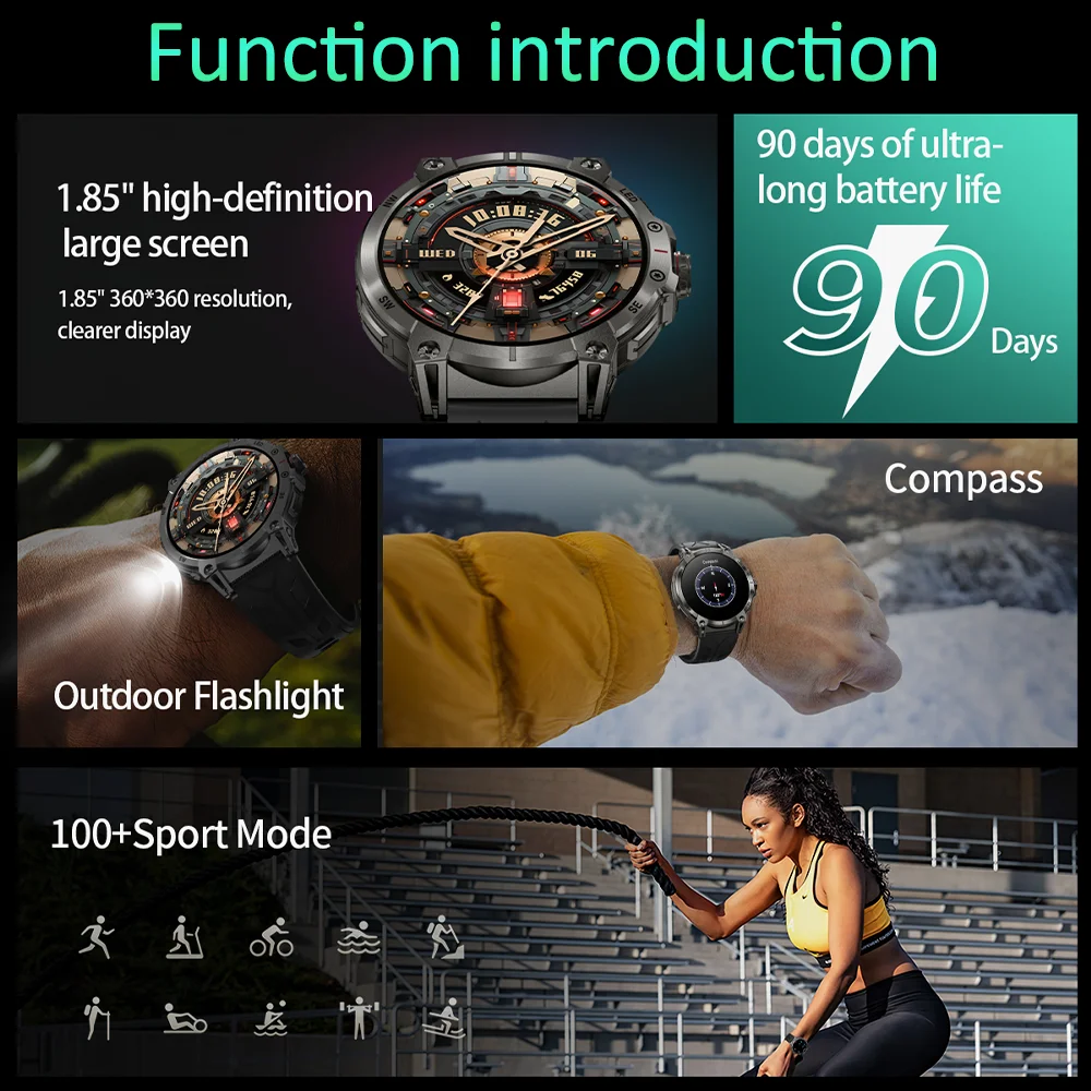 다오르코우 2025 신형 남성용 760mAh 대용량 배터리 LED 손전등 나침반 IP68 방수 1.8인치 HD 대화면 BT 통화 스마트워치