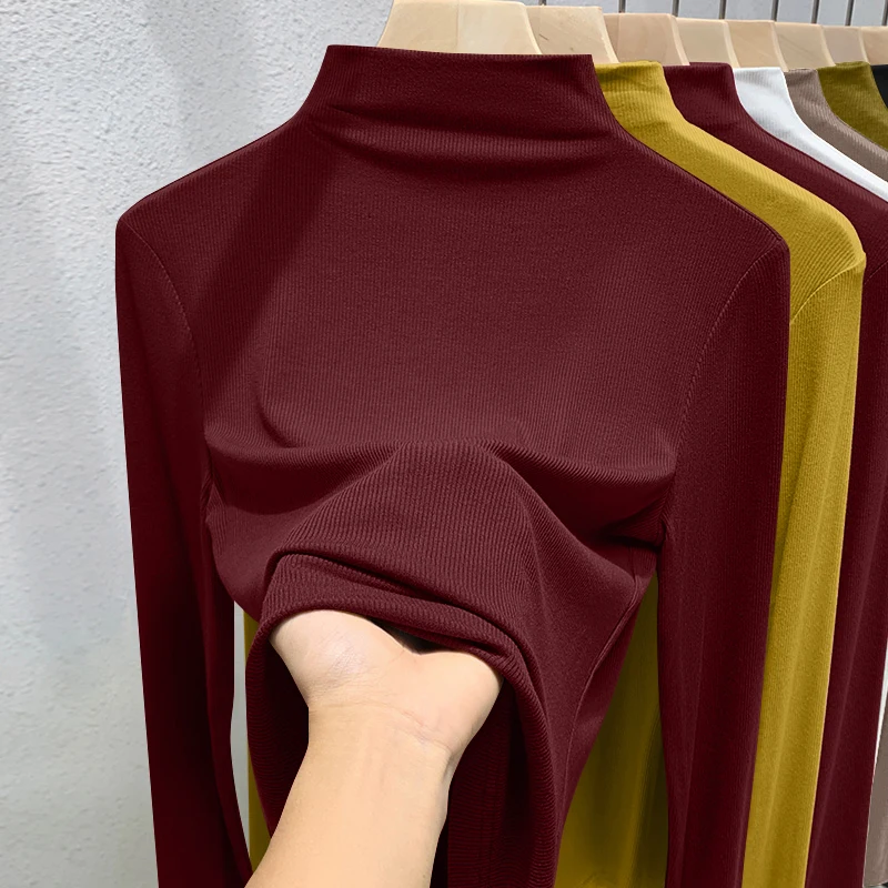 

Футболка Slim Fit Long Sve для женщин, повседневная ребристая футболка High Ne Base irt, весна-осень, корейская версия для поездок на работу