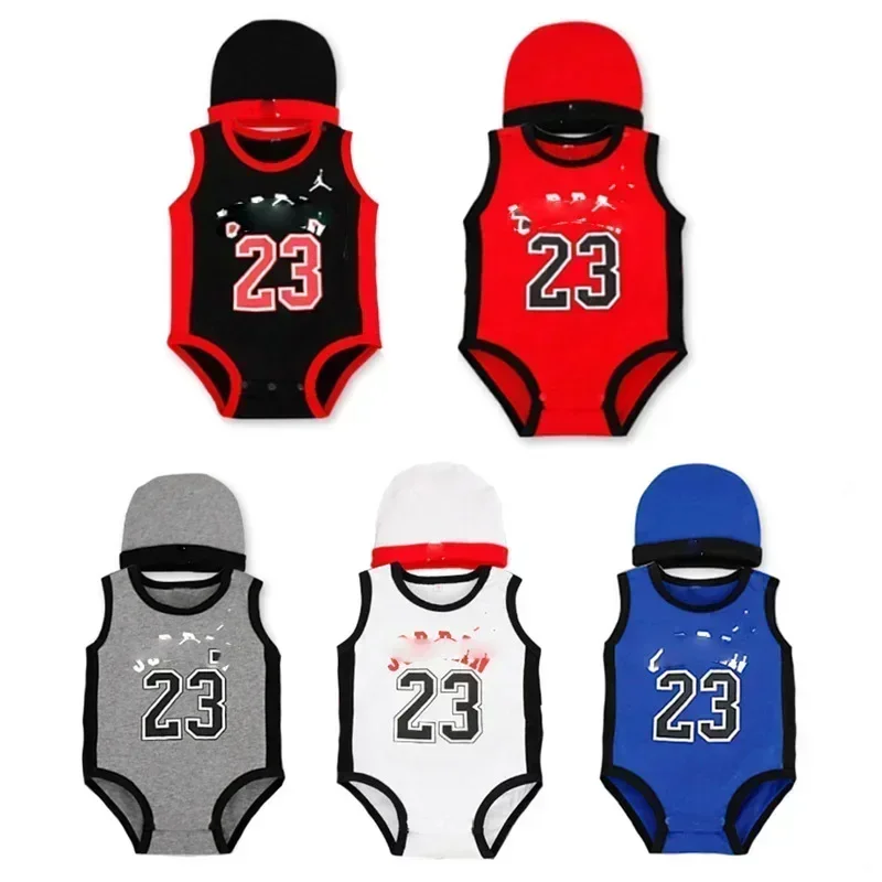 Summer Boys Baby Basketball Trendy Crawling Clothes Cotton Triangle Harper Hat Newborn jumpsuit set  baby boy clothes