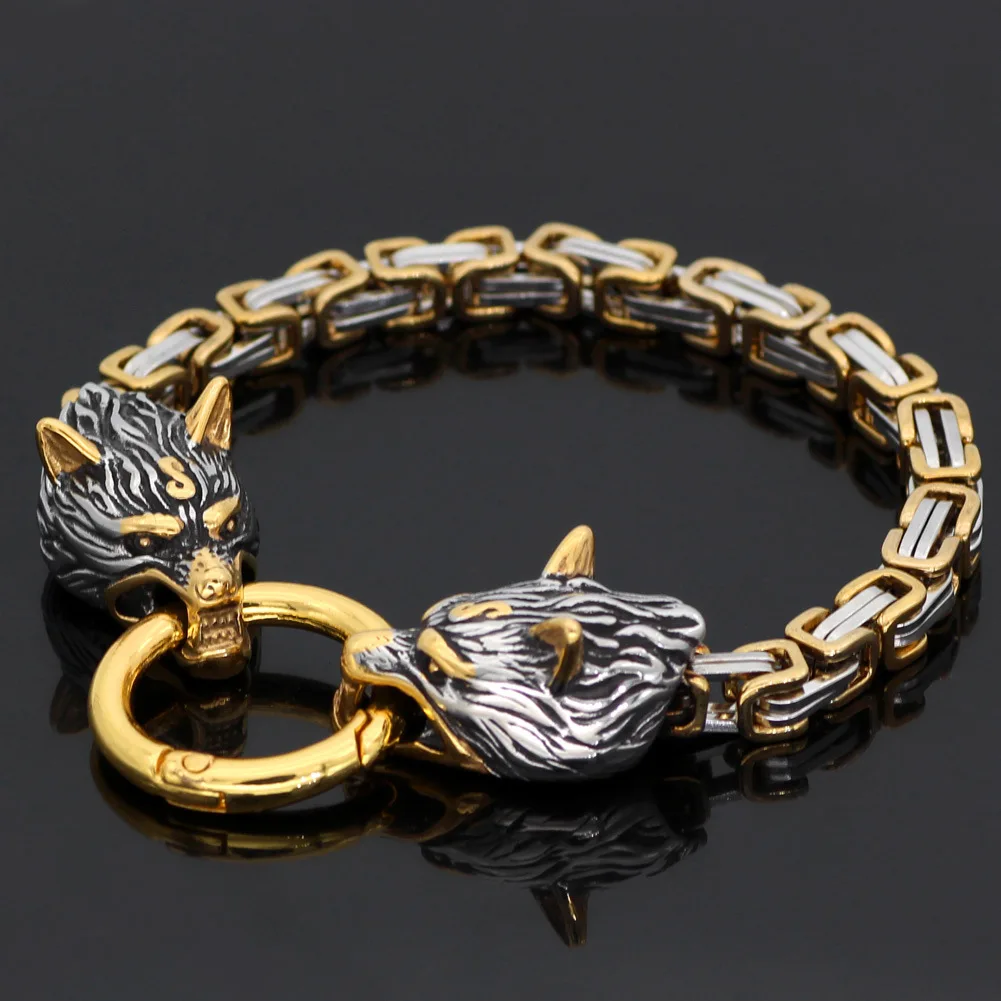 

8mm Heavy Punk Retro Nordic Viking Wolf Head Bracelets Men Hiphop Gold Color Stainless Steel Byzantine King Chain Bangle Jewelry