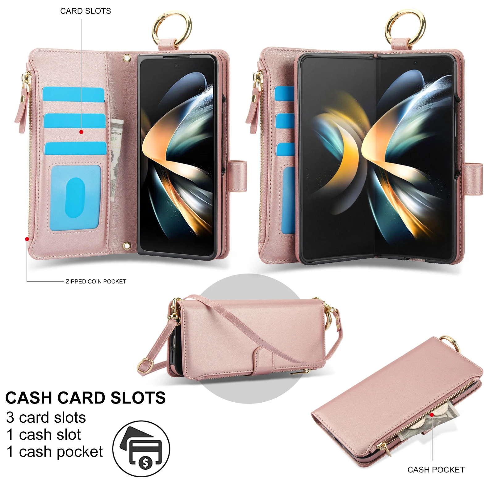 Lanyard Cash Cards Solt Zipper Wallet Leather Case For Samsung Galaxy Z Fold 5 4 3 6 5G Wristband Ring Holder Kickstand Pocket