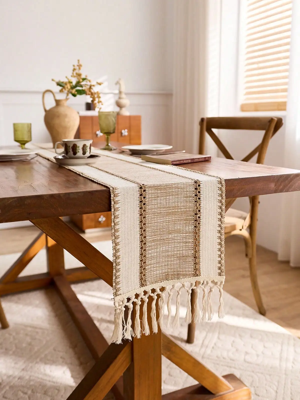 Khaki Makramee-Stil Boho Farmhouse Tischläufer mit Quasten Rechteckiges Design Strapazierfähiger Stoff für Heim-, Restaurant- und Küchendekoration – Detail 16