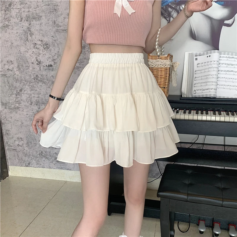 

Ruffles White Pleated Skirts Women Korean Sweet Preppy Elastic Waist A Line Skirts Y2K Ladies Summer Casual Mini Skirts New