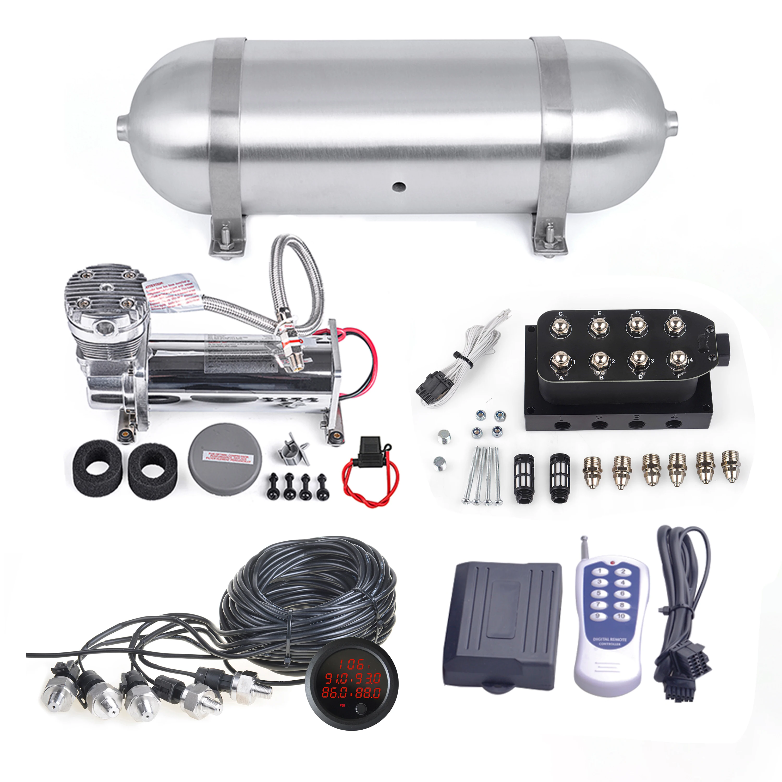 

Universal Air Ride Suspension Kit Air Management Kit System & 3/4/5gallon Air Tank & 3/5 pressure gauge & 200psi Compressor Pump