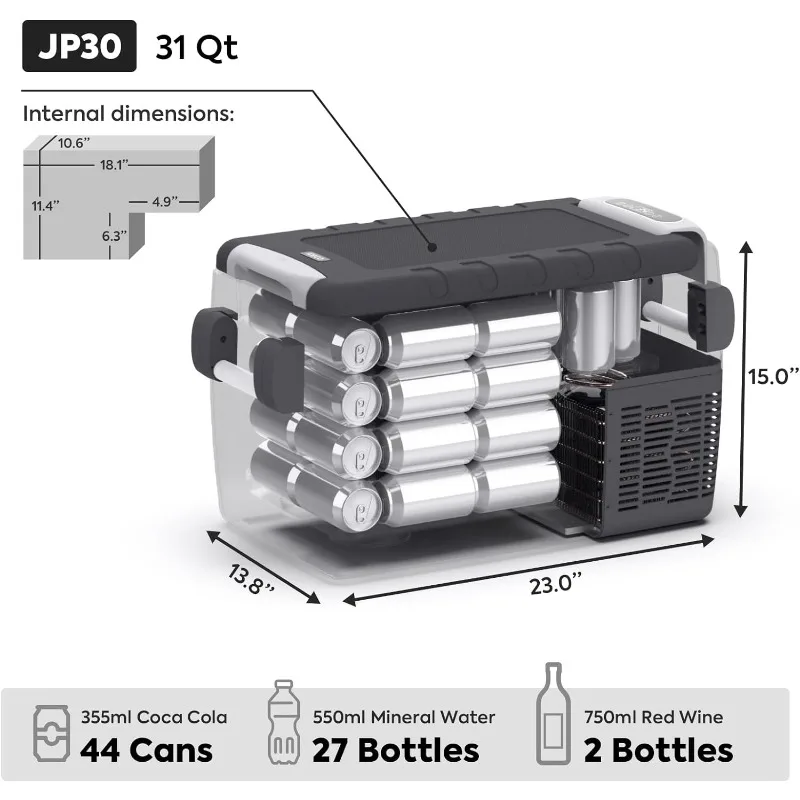 JP30 Portable Refrigerator Fridge Freezer, 30 Liters Car Refrigerator WIFI APP Control, 12V Cooler Refrigerator with SECOP