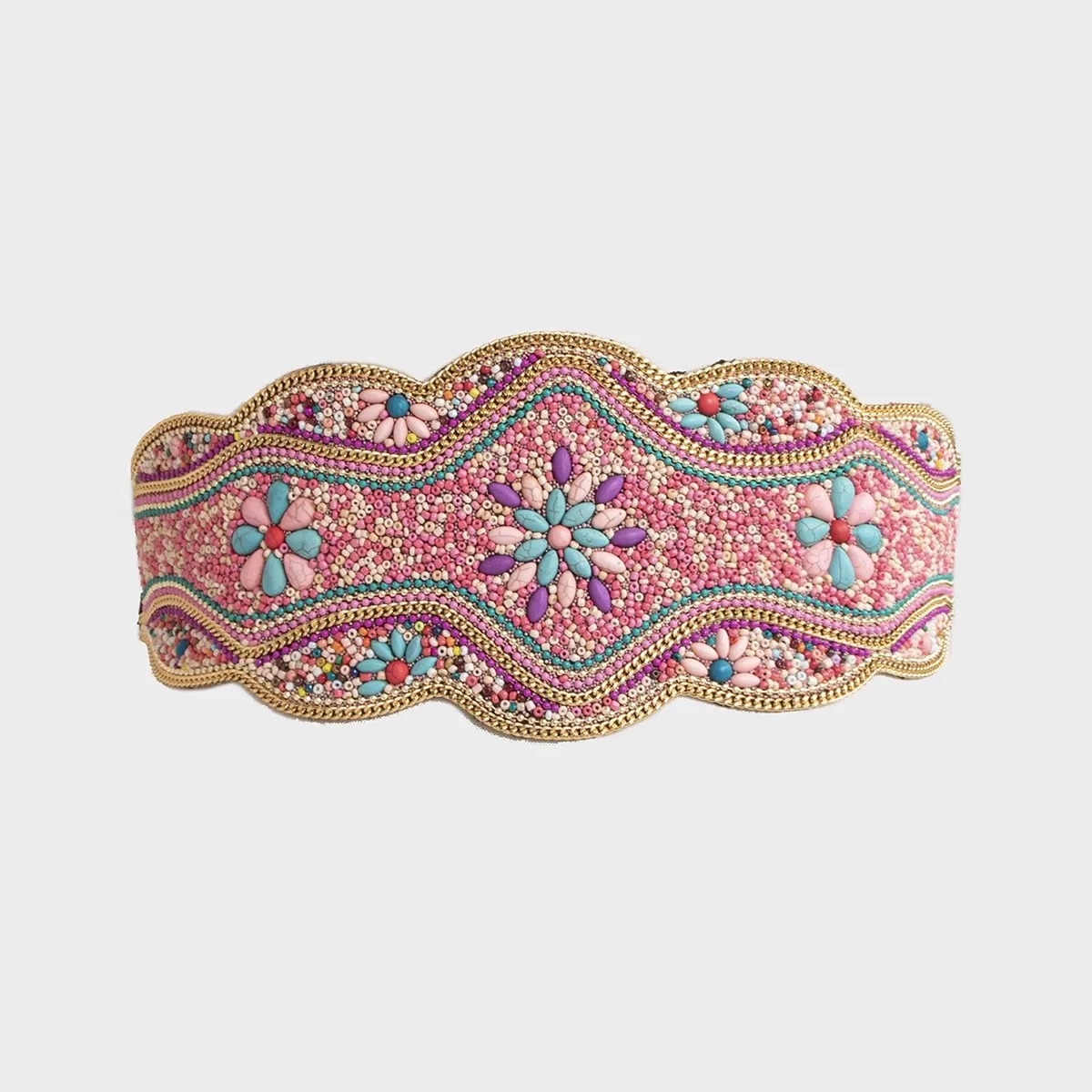 Bohemian Ethnic Women's Wide Adjustable Waist Cincher Belt with Intricate Beads Shell Accents Jacquard Pattern