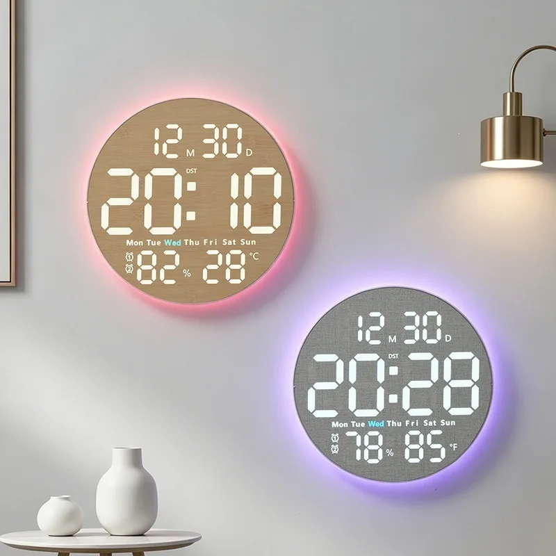 10 Zoll Digitale Wanduhr mit Fernbedienung, 9 Farben Stimmungslicht, Datum, Temperatur, Luftfeuchtigkeit, Timer, automatische Dimmung, LED-Wecker für Fitnessstudio und Yoga – Detail 4