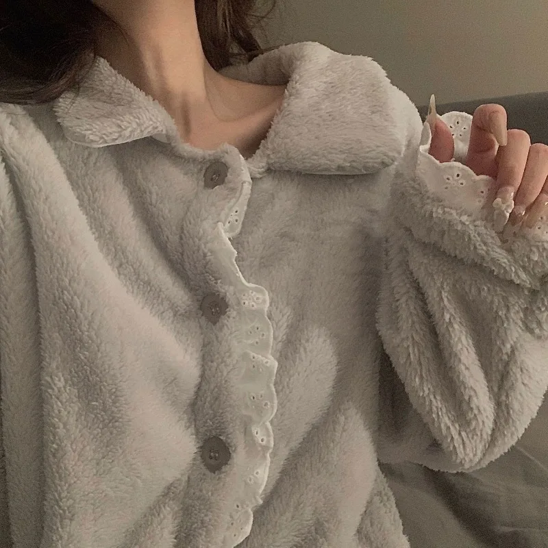 Coral Fleece Pajamas Female Internet Celebrity Sweet Cardigan Lace Flannel A Loungewear Set Can Be Worn Outside Pijamas Women