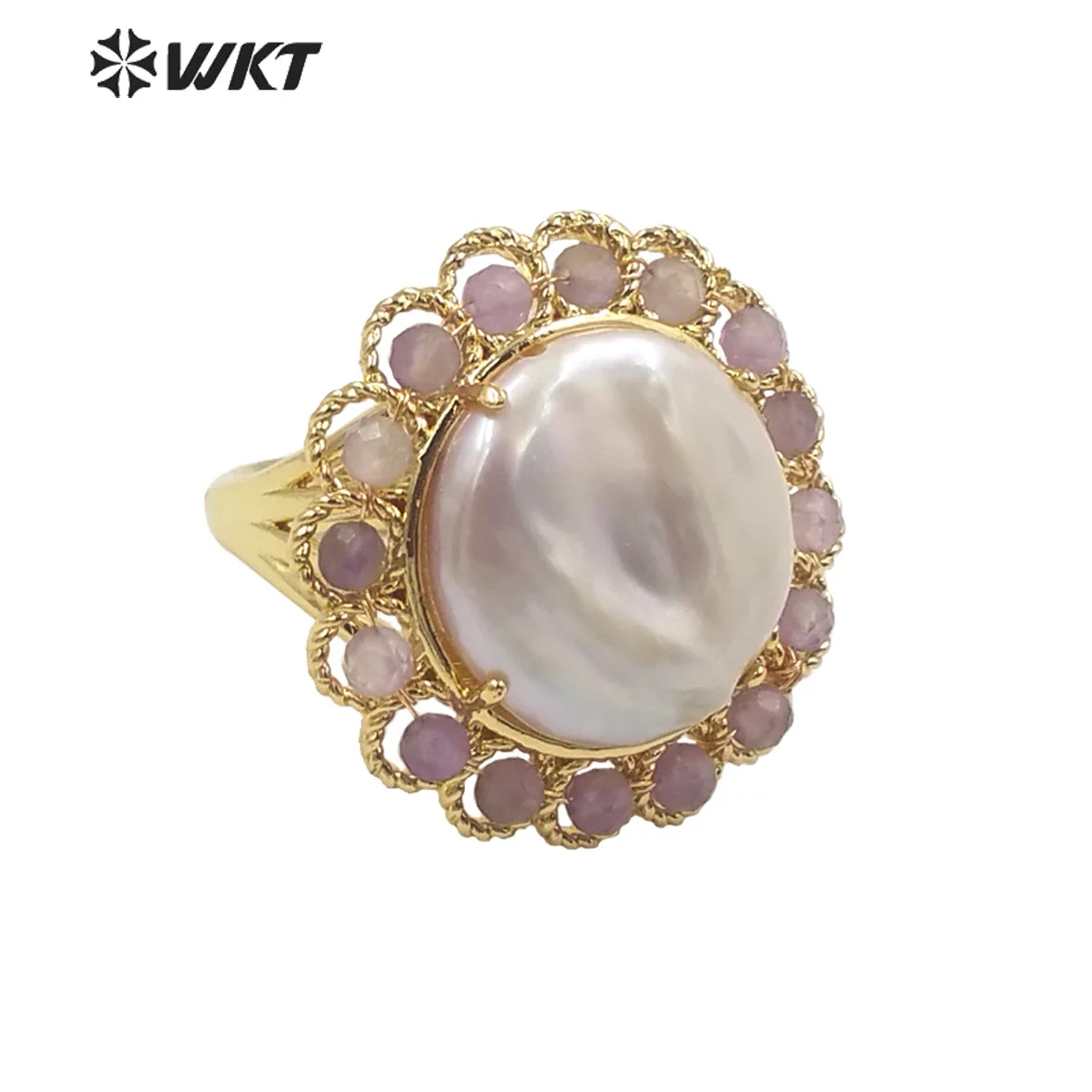 

WT-MPR061 Trendy Flower Design Gemstone Malachite And Amethyst Stone Freshwater Pearl Ring For Women Anniversary Decoration